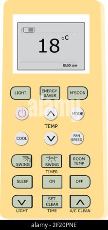 L'immagine vettoriale del comando a distanza del condizionatore d'aria visualizza i pulsanti comuni e il display digitale. Telecomando di controllo della temperatura nel sistema c.a. Illustrazione Vettoriale