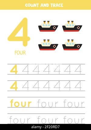Il numero di traccia 4 e la parola 4. Pratica di scrittura a mano per i bambini con le navi. Illustrazione Vettoriale