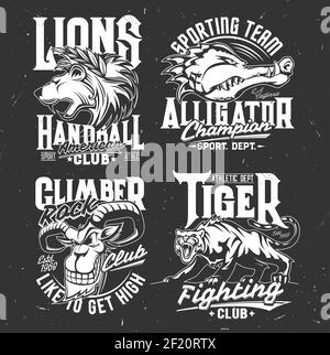 TShirt stampa con mascotte vettoriali di capra di montagna, alligatore, leone e tigre. Teste di animali selvaggi e ruggiti per i simboli dei club di combattimento e sport. R Illustrazione Vettoriale