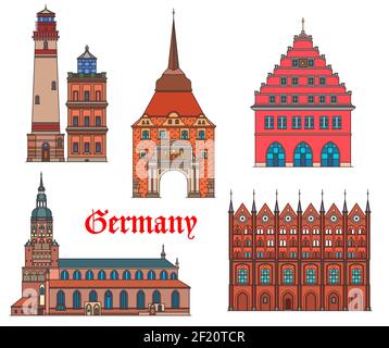 Germania Landmarks architettura, città tedesche Rostock e Greifswald edifici, vettore. Germania punti di riferimento di Stralsund rathaus, Rugen isola faro Illustrazione Vettoriale