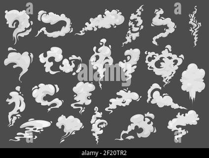 Fumetti fumanti nuvole, aroma bianco vettoriale o vapore tossico, vapore polvere. Elementi di design, nebbia di flusso o vapore chimico fumoso isolati su bac grigio Illustrazione Vettoriale