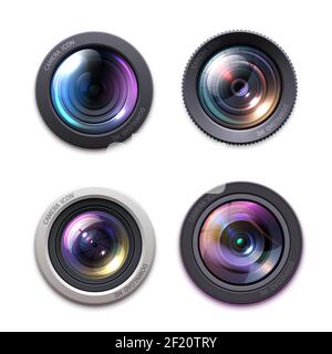 Obiettivo per fotocamere, icone ottiche. Attrezzatura fotografica professionale, obiettivo per videocamera con riflessi lucidi in vetro, rivestimento ottico viola e apertu Illustrazione Vettoriale