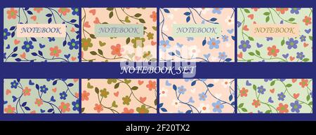 Set di modelli floreali per frontespizio di notebook, per quaderni, pianificatori, brochure, libri, cataloghi Illustrazione Vettoriale