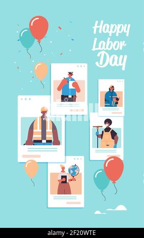 persone di diverse occupazioni che celebrano uomini di razza labor day mix donne in web browser windows comunicazione on-line concetto di autoisolamento immagine vettoriale verticale verticale Illustrazione Vettoriale