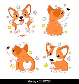 Set di carino cane corgi. Collezione di cuccioli di corgi gallesi kawaii. Illustrazione vettoriale EPS8 Illustrazione Vettoriale