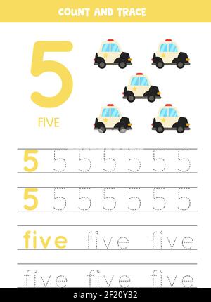 Pratica di rintracciamento di numeri e lettere. Scrivere il numero 5 e la parola cinque. Cartoni animati auto di polizia. Illustrazione Vettoriale