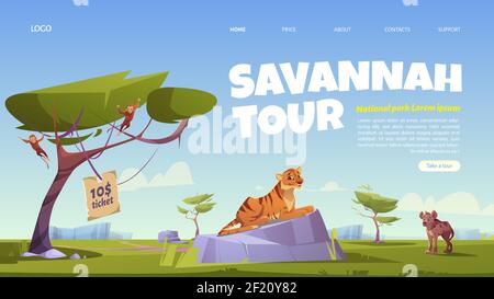 Savannah tour cartoon landing page, invito nel parco nazionale con animali selvatici. Tiger, hyena e scimmia giungla abitanti in zoo o safari zona esterna, vettore web banner per la prenotazione dei biglietti Illustrazione Vettoriale