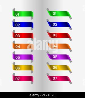 Set di nastri colorati, 7 colori verde, blu, rosso, arancione, viola, giallo, rosa. Elementi di disegno vettoriali Illustrazione Vettoriale