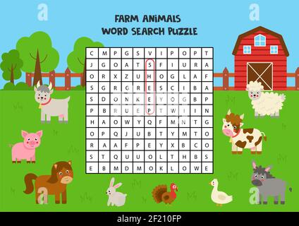 Farm animali parola di ricerca puzzle per bambini. Rompicapo divertente per i bambini. Illustrazione Vettoriale
