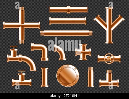 Tubi dell'acqua in rame, elementi di tubazioni idrauliche con rubinetti, valvole e connettori isolati su fondo trasparente. Set vettoriale realistico di tubi in ottone 3d per impianti idraulici o di scarico Illustrazione Vettoriale