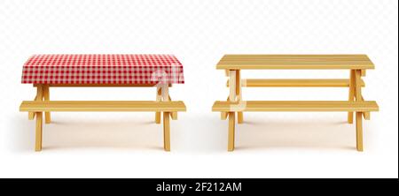 Tavolo da picnic in legno con panchine e tovaglia in plaid rosso isolato su sfondo trasparente. Set vettoriale realistico di tavolo vuoto in legno con posti a sedere e stoffa per giardino, parco o campeggio Illustrazione Vettoriale