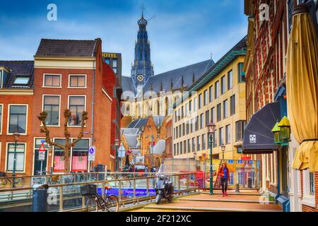 Vista sulla strada con biciclette e cattedrale a Haarlem, Olanda Foto Stock