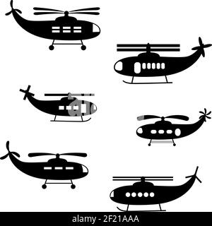 imposta le silhouette nere degli elicotteri. vettore piano 2d Illustrazione Vettoriale