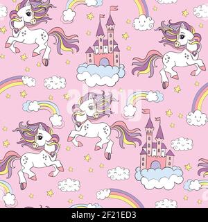 Senza cuciture modello carino unicorni, castello e nel cielo nuvoloso isolato su sfondo rosa. Illustrazione vettoriale per party, stampa, baby shower, sfondo Illustrazione Vettoriale