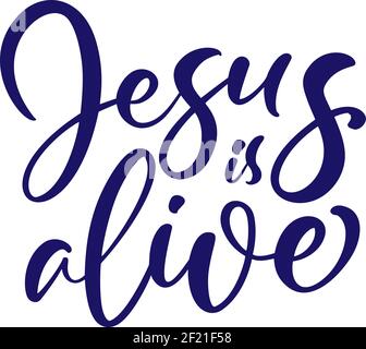 Hand Drawed Jesus è vivo Pasqua Calligraphy che lettering testo vettoriale. Cristo illustrazione biglietto di auguri. Frase tipografica citazione fatta a mano sugli isolati Illustrazione Vettoriale