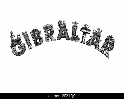 Logo illustrativo disegnato a mano della parola Gibilterra in linea disegnata a mano in bianco e nero con un tema ambientale e naturalistico. Perfetto per il logo Foto Stock
