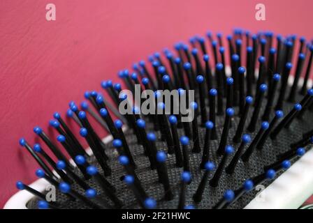 closeup di setole blu, macrofotografia, messa a fuoco selettiva, plastica bianca e nera pettine Foto Stock