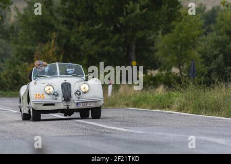 CAGLI, ITALY - Oct 22, 2020: CAGLI , ITALY - OTT 24 - 2020 : PORSCHE 356 1500 SPEEDSTER 1955 su una vecchia auto da corsa nel rally Mille miglia 2020 la famiglia Foto Stock