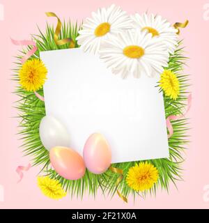 Carta pasquale con uova, margherite, erba e dandelioni. Cartolina con uova di Pasqua e fiori di primavera. Illustrazione vettoriale Illustrazione Vettoriale
