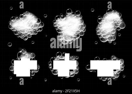 Pezzi di schiuma di sapone con bolle isolate su fondo nero. Scintillante illustrazione vettoriale dello shampoo. Laccio da bagno Illustrazione Vettoriale