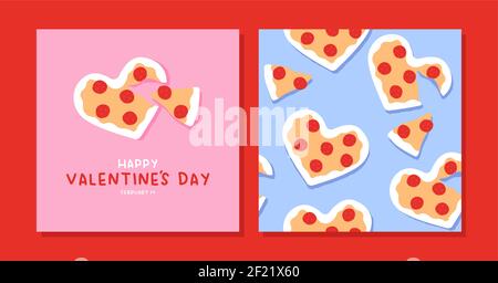 Biglietto di auguri per il buon San Valentino e set di motivi senza soluzione di continuità. Carino cuore forma formaggio pizza cartoon collezione. Febbraio 14 evento festivo background. Illustrazione Vettoriale