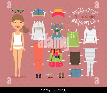 Carino Tourist Girl Paper Doll con set di abiti e scarpe alla moda su sfondo rosa senza cuciture. Illustrazione Vettoriale