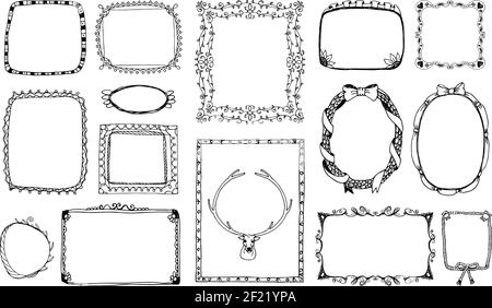 Cornice in bianco e nero disegnata a mano per il ritratto, ornamento album il giorno di San Valentino. Illustrazione vettoriale Illustrazione Vettoriale