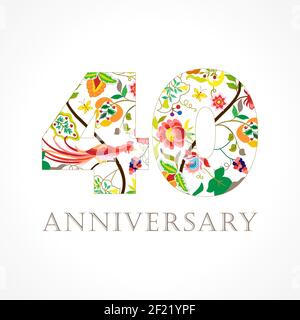 40 anni di lusso festeggiando il logo folk. Modello colorato 40 auguri felice anniversario, fiori etnici, piante, uccelli paradiso. Set di trad Illustrazione Vettoriale