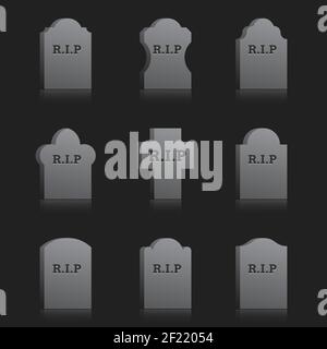 Set di lapidi vettoriali con RIP di testo in grigio sfondo Illustrazione Vettoriale