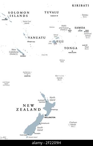 Nuova Zelanda e Polinesia meridionale, mappa politica grigia con capitali. Isole Salomone, Vanuatu, Figi, Tonga, Samoa e Nuova Caledonia. Foto Stock