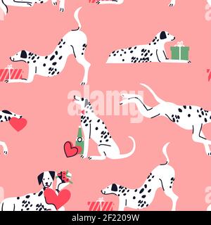 Carino cane dalmata cartone animato modello senza giunture. Cucciolo con regali di giorno di valentines, sfondo di doodle disegnato a mano per la stampa di festa o concetto di amore. Adorabile Illustrazione Vettoriale