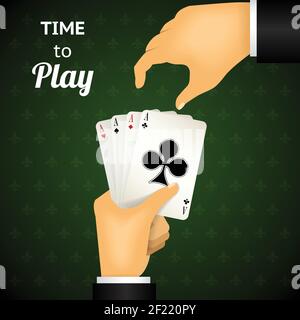Carte da gioco a mano con quattro assi che enfatizzano il tempo di giocare su sfondo a motivi verdi. Illustrazione Vettoriale
