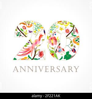 20 anni di lusso festeggiando il logo folk. Modello colorato 20 auguri felice anniversario, fiori etnici, piante, uccelli paradiso. Set di trad Illustrazione Vettoriale