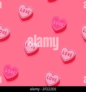 Giorno di San Valentino rosa forma cuore caramella cartone animato modello senza cuciture. Cute sfondo romantico doodle per la stampa di festa o concetto di amore. Illustrazione Vettoriale