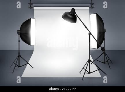 Studio fotografico con illuminazione flash faretto e softbox. Illustrazione vettoriale Illustrazione Vettoriale
