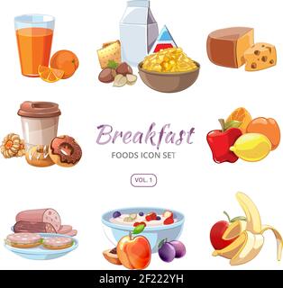 Icone di cibo per la colazione in stile cartoon. Pranzo caffè, arancia e la nutrizione del mattino, deliziosa frutta fresca, illustrazione vettoriale Illustrazione Vettoriale