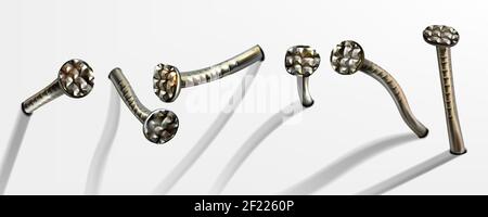 Vecchi chiodi di ferro piegati martellati in parete, punte arrugginite con testa circolare. Serie vettoriale realistica di perni in metallo con ruggine, ferramenta hobbnails, carpenteria e utensili da costruzione isolati su sfondo bianco Illustrazione Vettoriale