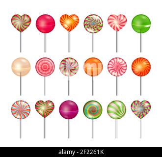 Set di vettori lollipops. Illustrazione di caramelle, dessert di cibo dolce, caramello su bastone Illustrazione Vettoriale