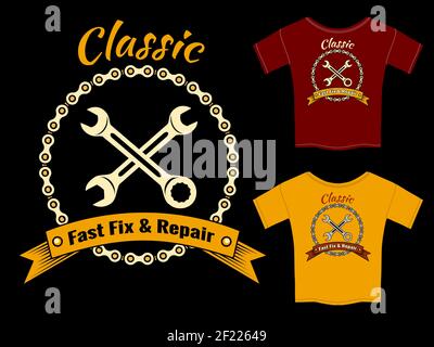 Modello di T-Shirt Vector Mechanic Fast Fix e Repair isolato su sfondo nero. Illustrazione Vettoriale