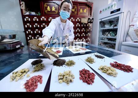 (210310) -- PECHINO, 10 marzo 2021 (Xinhua) -- UN farmacista compila le prescrizioni di medicina tradizionale cinese per i pazienti in un centro di salute della comunità a Langfang City, provincia di Hebei della Cina del nord, 3 dicembre 2020. (Xinhua/Wang Xiao) Foto Stock