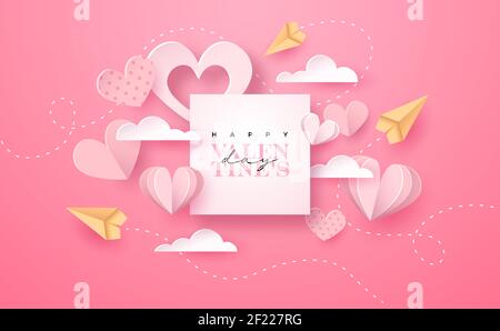 Felice illustrazione del biglietto d'auguri di San Valentino in papercut. Decorazione a cuore rosa in stile carta 3d realistico con piani e citazione di testo. Romanti Illustrazione Vettoriale