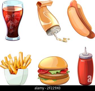 Set di icone di cartoni animati fast food. Hot dog e hamburger, bevande e hamburger, snack sandwich, illustrazione vettoriale Illustrazione Vettoriale