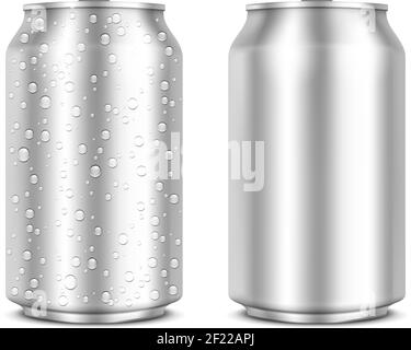 Lattine di alluminio isolate su bianco pulito e con gocce. Illustrazione vettoriale. Opacità EPS10 Illustrazione Vettoriale