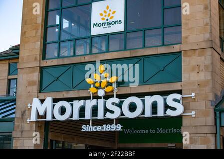 A Morrisons supermercato segno, Morecambe, Lancashire, Regno Unito. Foto Stock