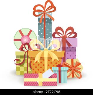 Confezioni regalo impilate. Grande pila di diversi regali di Natale o Capodanno. Illustrazione vettoriale Illustrazione Vettoriale