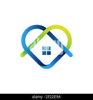 Immagine del design vettoriale dell'icona del logo Stay at Home. Concetto di design Home with Love Icon. Home con icone a forma di cuore mostra i messaggi "a casa" o "a casa" Illustrazione Vettoriale