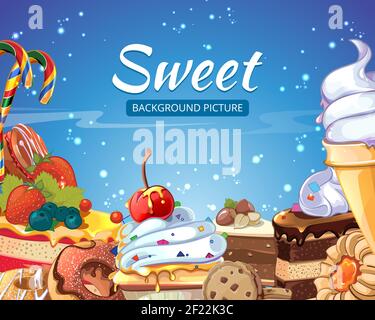 Dolci sfondo astratto caramelle, torte, ciambelle e leccornie. Cioccolato da dessert e gelato, gustoso cupcake, illustrazione vettoriale Illustrazione Vettoriale