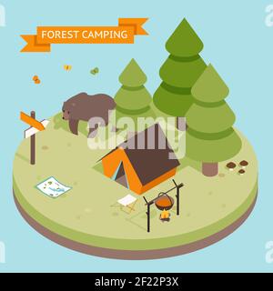 Icona di campeggio foresta 3d isometrica. Foresta e tenda, orso e fuoco Illustrazione Vettoriale