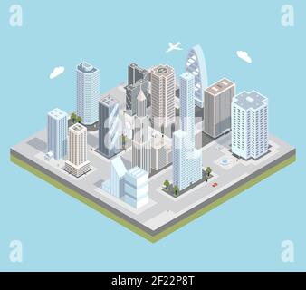 Mappa isometrica del centro urbano con edifici, negozi e strade in aereo. Illustrazione vettoriale Illustrazione Vettoriale