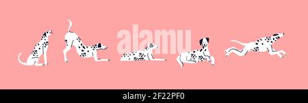 Carino cane dalmata animale set su sfondo isolato. Divertente mano disegnata cartoni animati animali domestici collezione di personaggi, felice cucciolo in diverse pose. Illustrazione Vettoriale